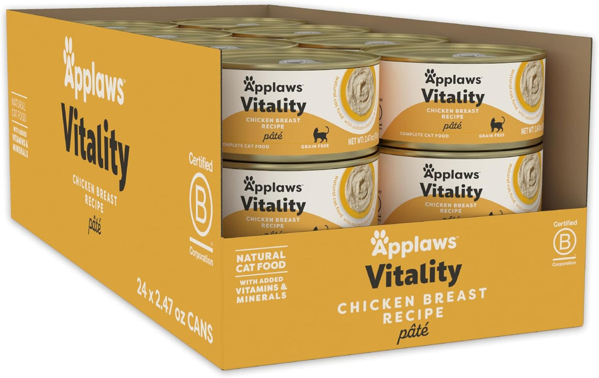 Applaws Vitality Wet Cat Food Paté, Natural Canned Cat Food, Wet Food for Cats with Added Vitamins and Minerals, Grain Free, Carrageenan Free, Chicken Breast Recipe (24 Count, 2.47 oz Cans)