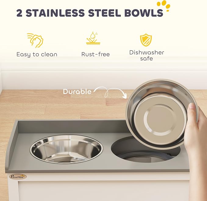 PawHut Dog Feeding Station with Drawer Dog Food Storage Cabinet White | 2 Removable Elevated Pet Bowls, for Large Sized Breeds