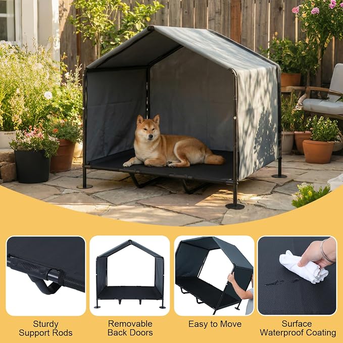 Large Dog House with Elevated Dog Bed, Waterproof Dog Shade with Back Cover | Portable Outdoor Dog Tent for Medium/Large Dogs, Sun & Rain Protection Canopy for Camping/Patio/Yard, Ground Stakes Included