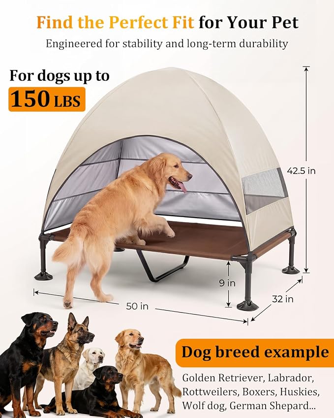 Elevated Dog Bed with Canopy - 3-Sided UV Protection Pet Tent with Wider Shade, Raised Cooling Outdoor Dog Cot with Breathable Mesh for Medium Large Dogs, Portable Bed for Camping, Patio (Khaki, XL)