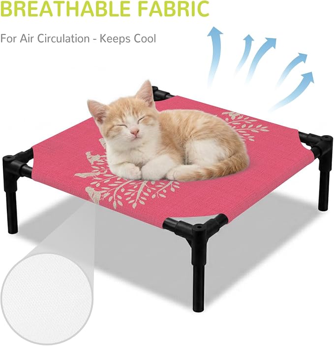 Outdoor Elevated Dog Bed for Small Dogs, Black Tree Breathable Cooling Raised Dog Cot for Indoor/Outdoor, Birds Vintage Farmhouse Pink Waterproof Elevated Pet Beds, S 20 x 20 in