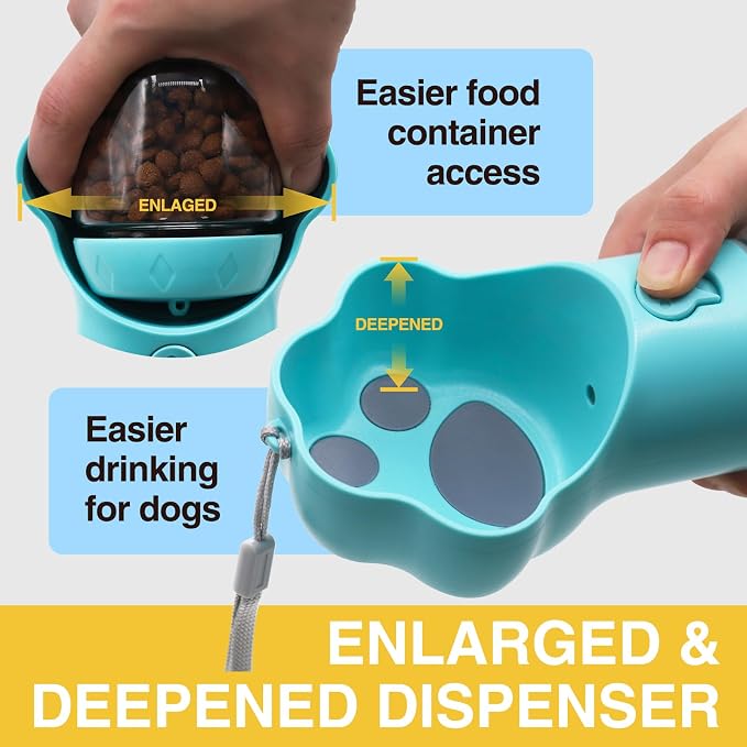 Dog Water Bottle with Food Container, Portable Pet Dispenser, Leak Proof, Hiking, Puppy Travel, Outdoor Activities(18.6 fl.oz/550ml, Blue)