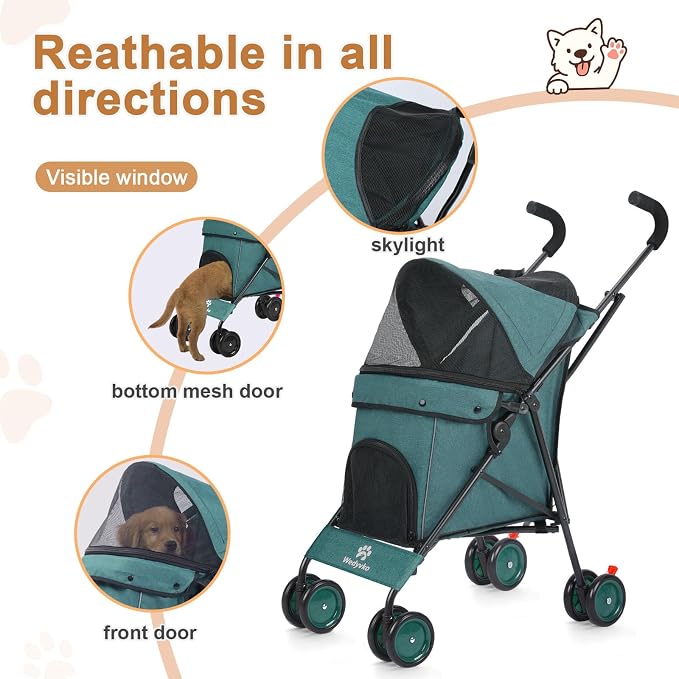 3 in 1 Pet Stroller for Small Dogs and Cats, Foldable Pet Stroller with Adjustable Handle, 6 Wheels, Breathable Mesh, Large Capacity, Easy to Carry, Green (Dark Green B)