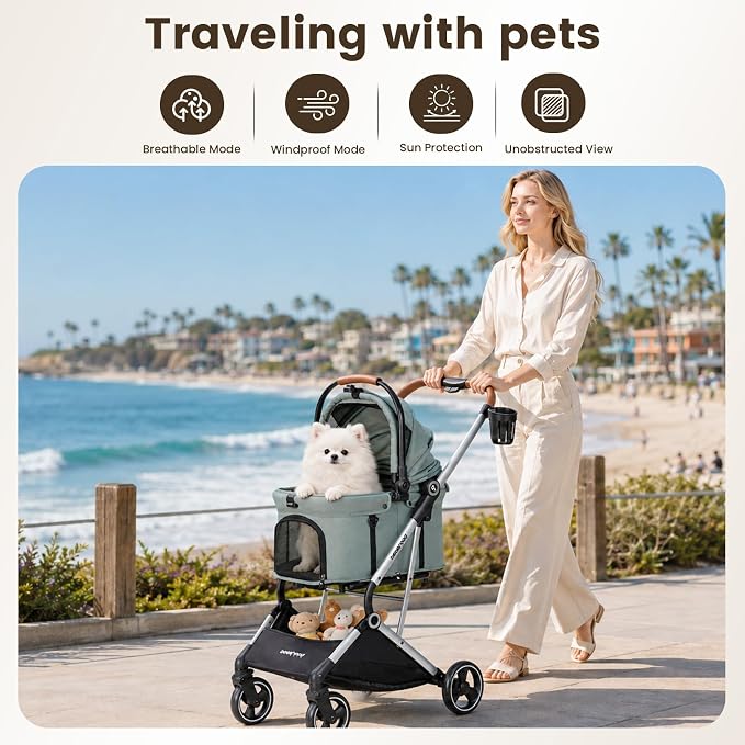 T3 Pro Small Dog Stroller (Green) | Detachable Carrier, 3-in-1 Stroller, Lightweight, Breathable Mesh Fabric, One-Button Braking, Easy to fold, Adjustment Canopy