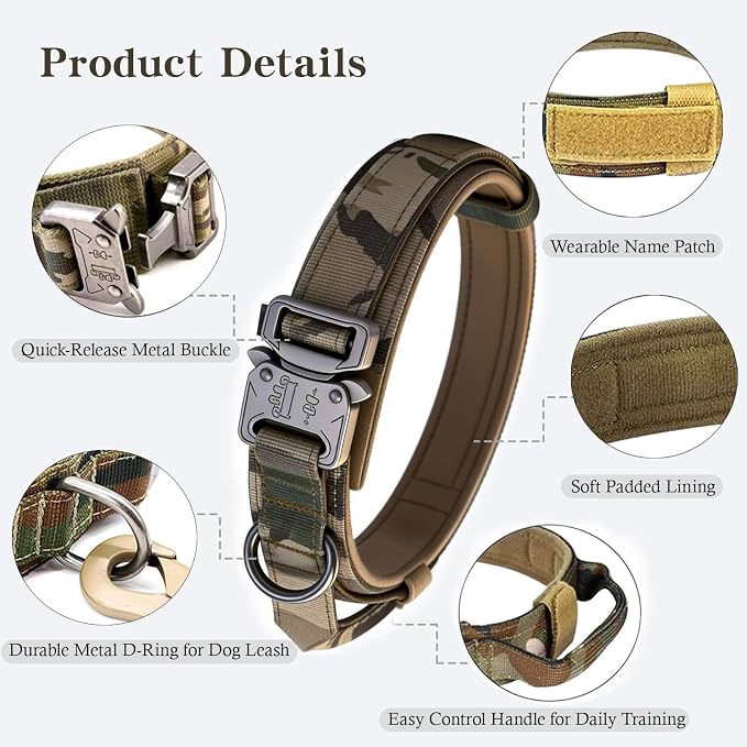 Tactical Dog Collar for Large Dogs with Control Handle,Camo,XL | Adjustable Fit,Heavy-Duty Quick-Release Metal Buckle,1000D Nylon Fabric,Soft-Padded Webbing,D-Ring,for Training & Hiking