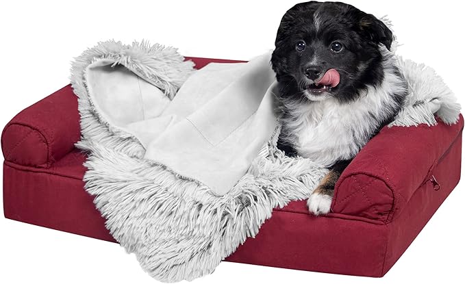 Furhaven Waterproof Throw Blanket for Dogs & Indoor Cats, Reversible Protective Pet Blanket, Small, Long Faux Fur & Velvet, Mist Gray