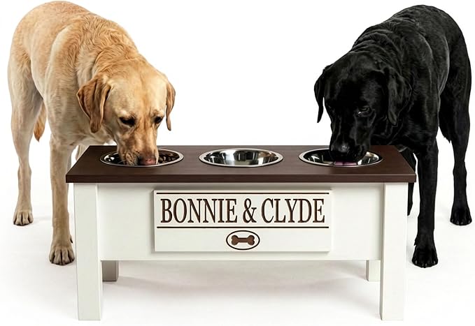 3 Bowl Dog Feeding Station, Personalized Triple Bowl Food Stand Large Dogs | Farmhouse Style, Elevated Wood Stand, Storage Container, Stainless Steel Bowls, Raised Feeder, Large Breed, Made in USA