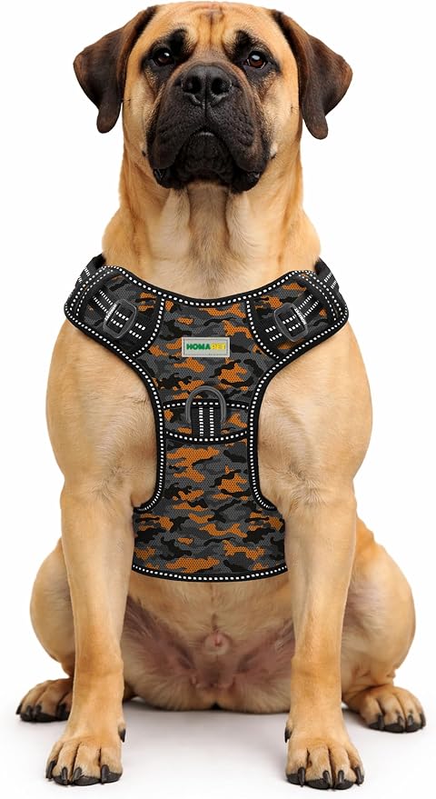 Homapet. Tactical Dog Harness with Dual Leash Attachment Points, Adjustable and Reflective Military Grade Dog Vest with Comfort Control Handle (ORNG BLK CAMO-S)