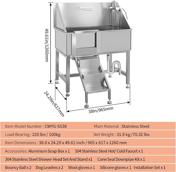 38" Stainless Steel Dog Washing Stations for Large Dogs, Pet oming Tub for Home, Professional Pet Bathtub Bathing Station, Cat Wash Station, Dog Shower Tub with Stairs, Drain & Door,L-Door