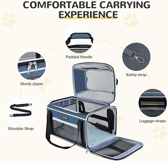 Lekereise Top-Expandable Pet Carrier 17x11x9.5 Inch Alaska Hawaiian Airline Approved Soft Sided Underseat to 12lbs Travel Carriers for Small Dogs and Cats with Locking Safety Zippers Anti-Scratch Mesh
