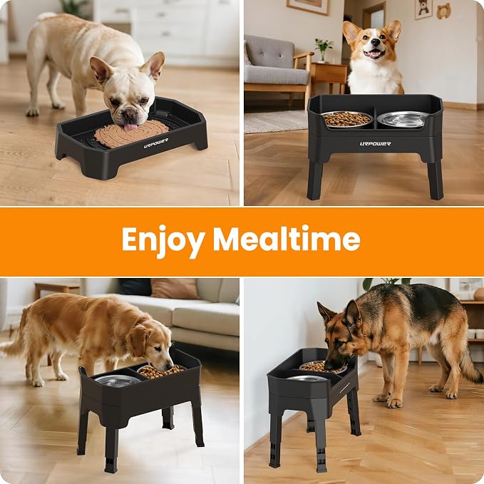 URPOWER 3-in-1 Elevated Dog Bowls - Mess Proof Double Deck 4 Height Adjustable Raised Stand with 2 Stainless Steel Food Bowls & Licking Plate for Small, Medium & Large Dogs (Pack of 2)