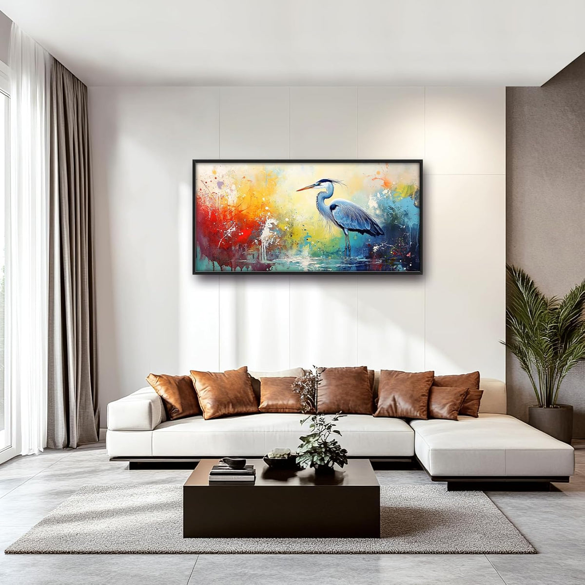 Extra Large Framed Abstract Heron Wall Art,Oversized Colorful Graffiti Heron Wall Decor Pictures for Living Room,Canvas Print Painting Modern Artwork Bedroom Office Bathroom Home Decor 60L x 30W