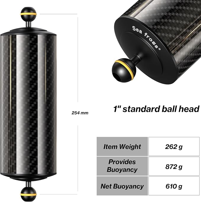 Sea frogs Carbon Fiber Float Arm D80mm, 10'', Buoyancy Provided 900g | for Ultralight, Aquatic Arm, Underwater Camera System Diving Tray Video Light/Strobe GA-11