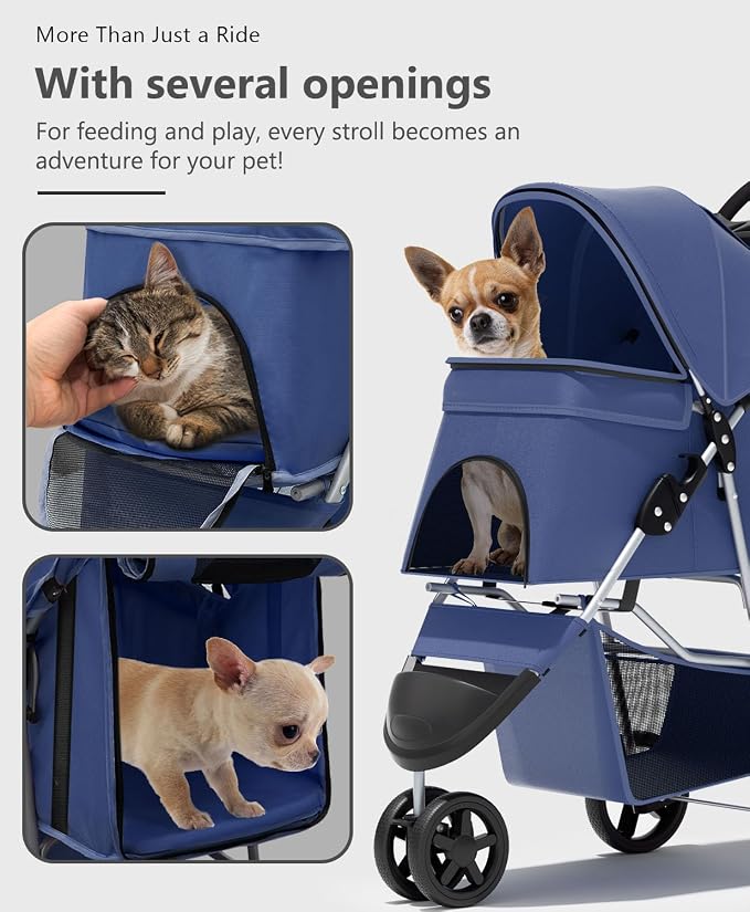 OS MOTOR 3 Wheels Pet Stroller for Small Medium Pets, Navy Blue | Foldable Carrier Jogger, Rear Wheel Breaks, Storage Basket, Visible Mesh Weather Cover, Portable, Dog, Cat, Puppy, Kitty
