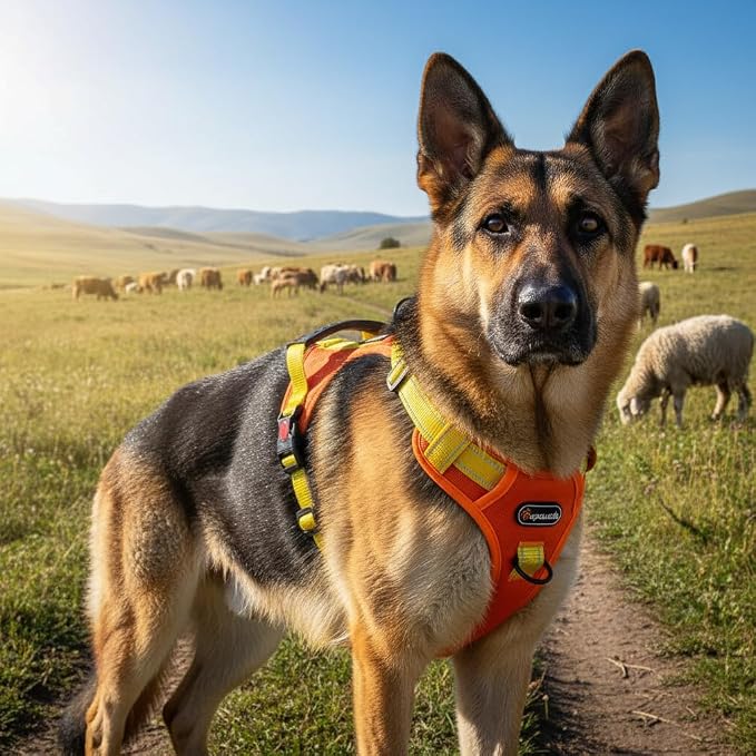 Tactical Dog Harness for Large Medium Dogs No Pull Adjustable Pet Vest with Reflective Straps Front & Back Clips Handle for Hiking Walking Hunting– 4 Sizes with or Without Leash (Orange, L)