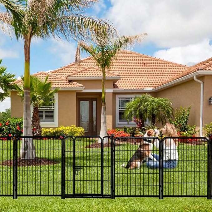 ADAVIN Tall Garden Fence 54 in(H)×22.1 Ft(L),10 Panels Dog Fence Outdoor for Yard, Heavy Duty Iron Metal Fence with Gate Low Threshold, No Dig Fences Panels, Animal Barrier Fences, Black