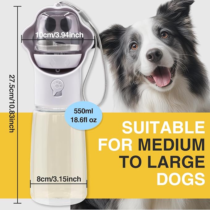 Dog Water Bottle with Food Container, Portable Pet Dispenser, Leak Proof, Hiking, Puppy Travel, Outdoor Activities(18.6 fl.oz/550ml, White)
