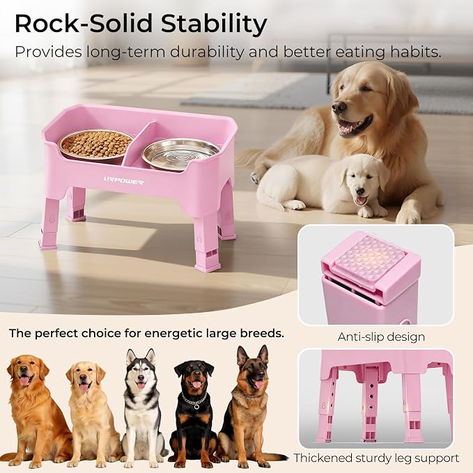 URPOWER Mess Proof Elevated Dog Bowls, Splash Guard Raised Bowl Stand | 4 Adjustable Heights, 2 Stainless Steel Bowls, Food & Water Separation, Foldable Design Non-Slip for Small Medium Large Dogs