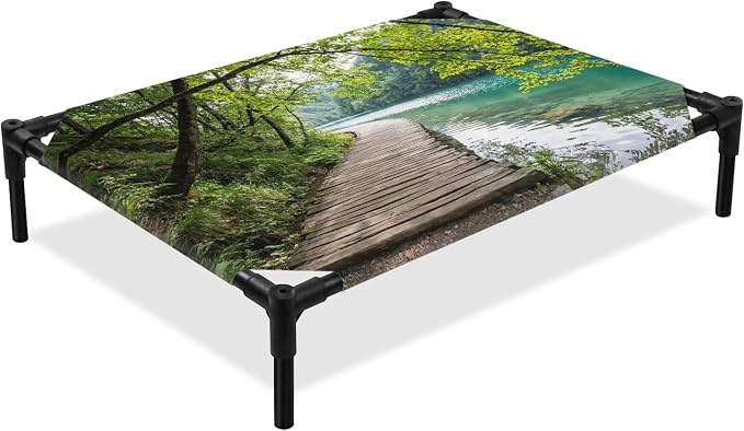 Outdoor Elevated Dog Bed for Medium Dogs, Nature Scenery Breathable Cooling Raised Dog Cot for Indoor/Outdoor, Forest Walkway Lake Trees Spring View Waterproof Elevated Pet Beds, M 24 x 20 in