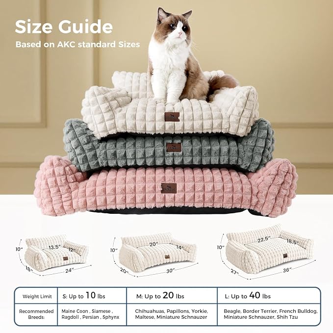 Cute Cat Couch Bed – Supportive & Fluffy Pet Sofa with Faux Rabbit Fur Washable Cover in 3D Diamond Pattern, 24" Grey