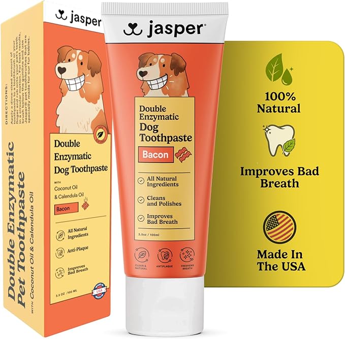 Jasper Dog Toothpaste Double Enzymatic - Plaque Remover for Teeth, Whitens Teeth, Improves Bad Breath Natural Pet Toothpaste, Bacon Flavor 3.5oz