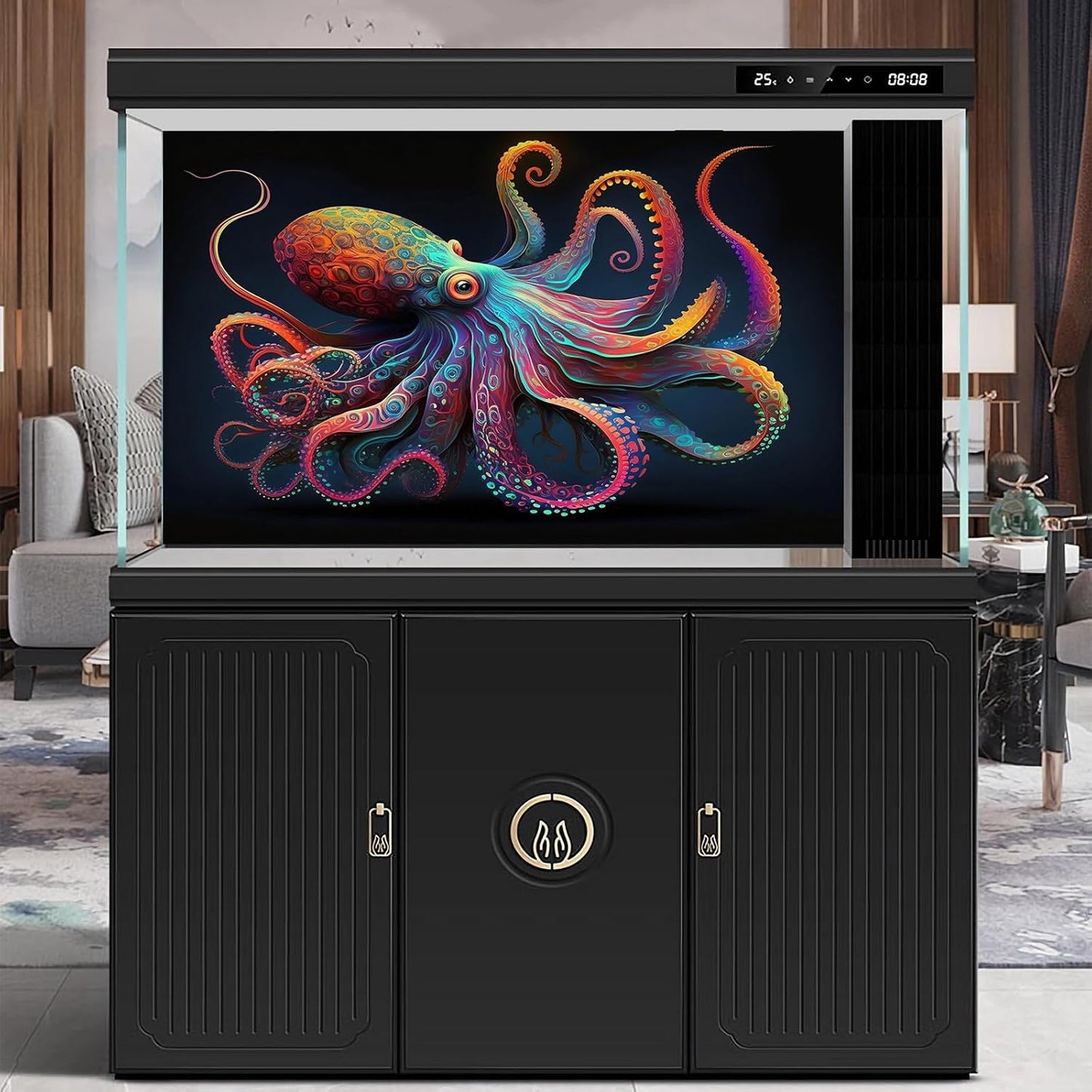 Exquisite Octopus Aquarium Background Abstract Colorful Octopus Terrarium Background Glowing Octopus on Black Background Fish Tank Backdrop Octopus Backdrops Poster Wallpaper Decors Vinyl 60x24in
