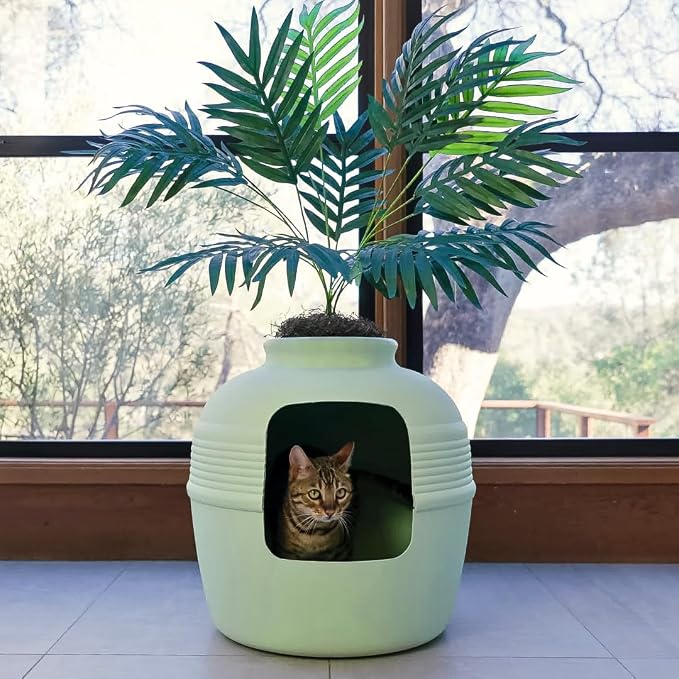 Good Pet Stuff Original Hidden Litter Box Planter, Decorative Cat Litter Enclosure with Carbon Filter, Artificial Palm Plant, Upgraded Design, Easy to Clean, Base Kit, Seagrass Green