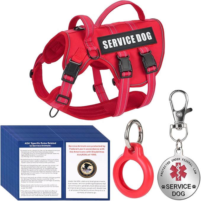 Service Dog Harness + ID Tag 50 ADA Information Cards - No Pull Dog Vest 10 PCS Removable Patches - Reflective Emotional Support Animal Vest for Large Dogs - Adjustable Breathable ESA Training Vest