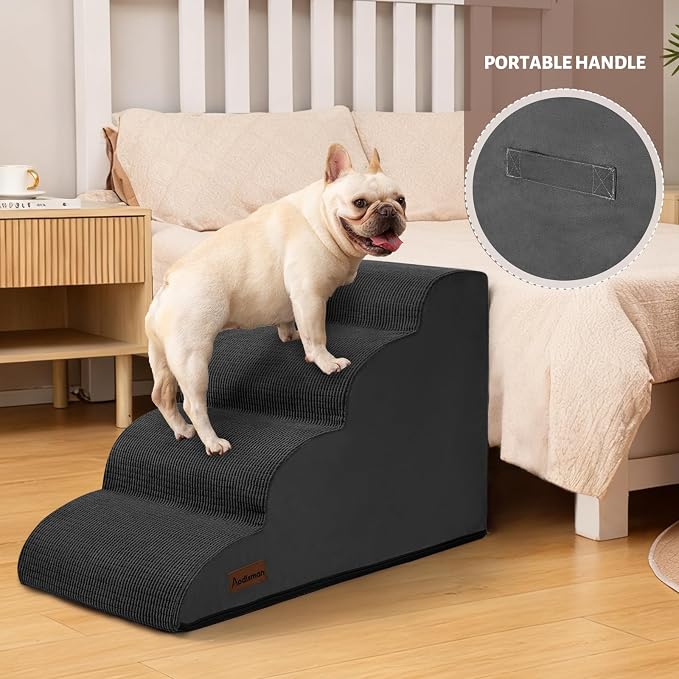 Aodisman Dog Steps for Bed or Couch,4-Step Pet Stairs Ramp for Small Dogs | 17.4" H Indoor Non-Slip Dog Stairs Help Senior Dogs,Short-Legged Breeds,Puppies and Cats to Reach Beds and Chairs,Grey,Black