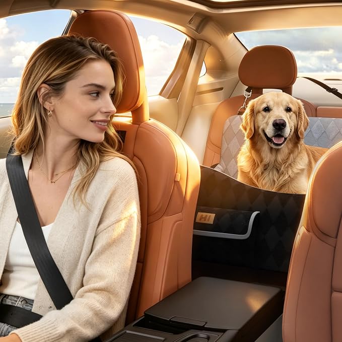 Dog Car Seat for Medium/Large Dogs up to 55lbs, 4-Pocket Storage Memory Foam Dog Booster Seat, Detachable Washable Pet Car Seat with Safety Belt, Outdoor & Indoor Use (Blue/Grey)