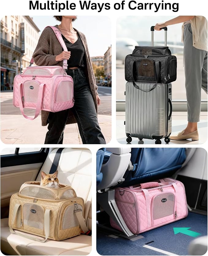Cat Carrier Airline Approved 17x11x9.5 Inches, Top Expandable Soft Sided Pet Travel Carrier for Cats & Small Dogs, Fits Under Airline Seat with Locking Zippers, Black