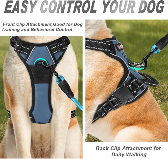 BARKBAY Dog Harness No Pull for Large Dogs Front Back Clips,Dog Vest | Soft Padded No Choke With Handle,Easy On&Off,Adjustable Reflective For Walking Training Running(Navy,L)