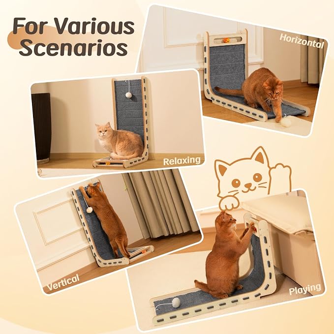 Cat Scratcher with Bell Ball Cat Scratch Pad L-Shaped Scratch Mat Vertical Cat Scratching Board for Indoor Cats Felt Cats Scratching Post Furniture Protector Kittens Cratchers Toys- Grey