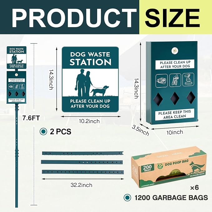 Qinyoung Dog Waste Station with Bags Galvanized Steel Outdoor Pet Bin Dispenser Reflective Sign Rust Proof System for Backyard Commercial Park(2 Pack)