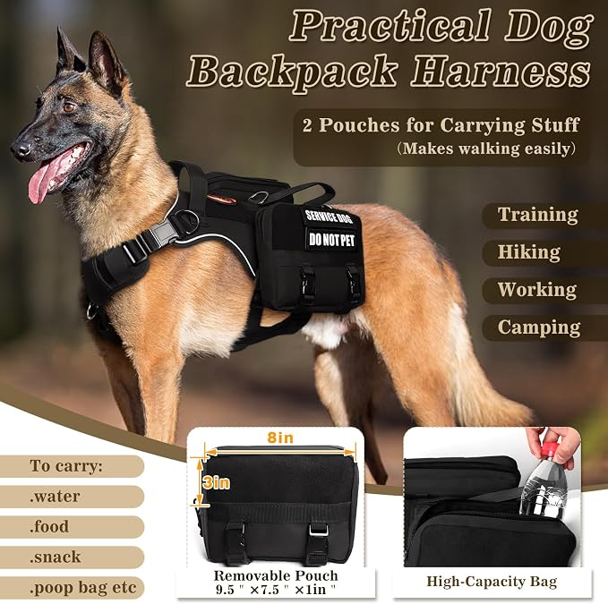 Service Dog Vest with Removable Backpack for Large Dogs Black XL | No Pull Adjustable Dog Harness with Pockets,Soft Padded Handles&Molle for Patches,Heavy Duty for Training Hiking Hunting