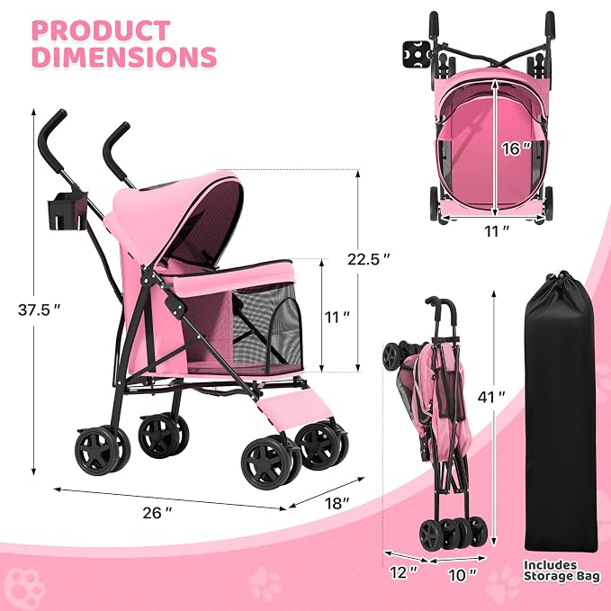 Magshion Compact Pet Stroller for Small-Medium Dogs/Cats up to 22lbs, 4-Wheel Lightweight Umbrella Shaped Portable Puppy Travel Jogger with Breathable Mesh, Cup Holder & Rear Storage, Pink