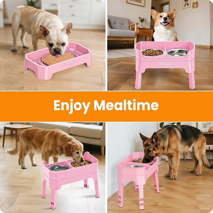 URPOWER Elevated Dog Bowls, 3-in-1 Double Deck Raised Dog Bowl Stand | 4 Height Adjustable Raised Stand with 2 Stainless Steel Food Bowls & Licking Plate for Small, Medium & Large Dogs