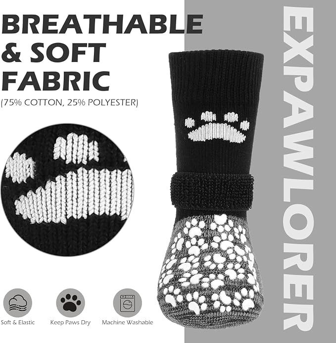 EXPAWLORER Anti Slip Dog Socks to Prevent Licking Paws, Shoes for Hot Pavement, Dog Booties for Small Medium Large Senior Dogs, Traction Control Boots & Paw Protectors for Hardwood Floors Black&Grey