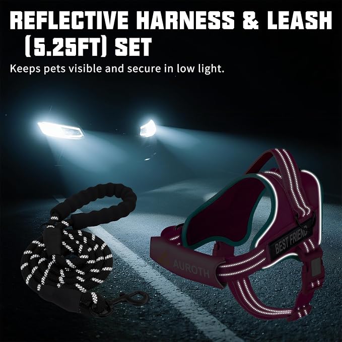 AUROTH Dog Harness and Leash Set for Large Sized Dog, No Pull Dog Vest | with Leash Clips, LED light clip, Soft Padded No Choke, Escape Proof, Easy Walking and Training, Rose Red, XL