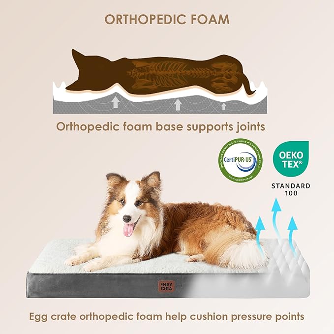 EHEYCIGA Orthopedic Dog Bed Large with Removable Washable Cover, 47IN Beige | Egg Crate Foam Support, Durable Oxford fabric, Non-Slip Bottom, Machine Washable, Soft Waterproof Plush Pet Bed Mat For Crate