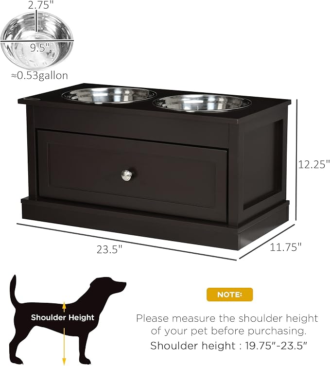 PawHut Large Elevated Dog Bowls with Storage Drawer - 11L Capacity, Raised Dog Bowl Stand Feeding Station, Brown | Raised Dog Bowl Stand, Pet Food Bowl, Pet Feeding Station