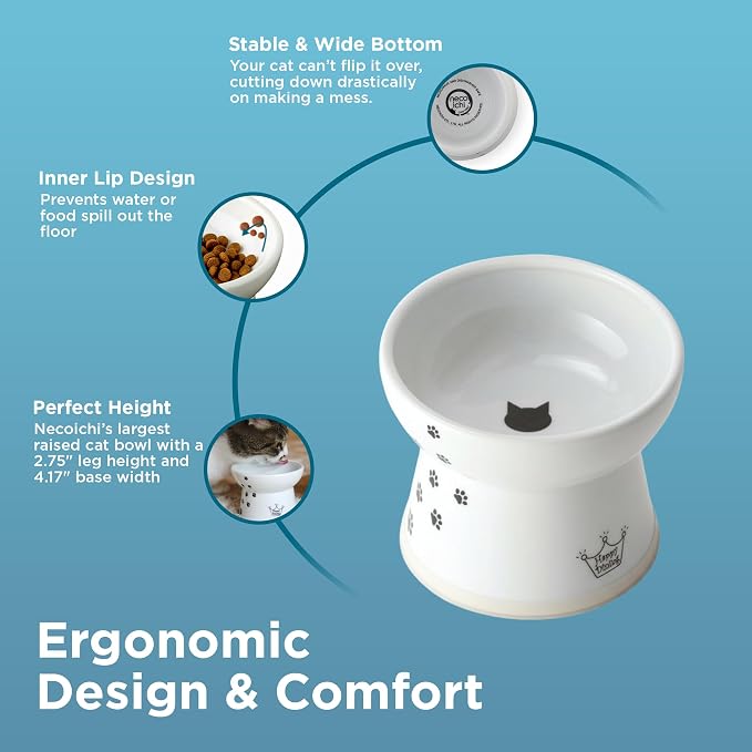 Necoichi Raised Cat Food Bowl – Ceramic Elevated Cat Bowl for Whisker & Neck Fatigue, Dishwasher Microwave Safe – Non-Slip & Anti Vomiting Ergonomic Design (Cats, Large Flat)