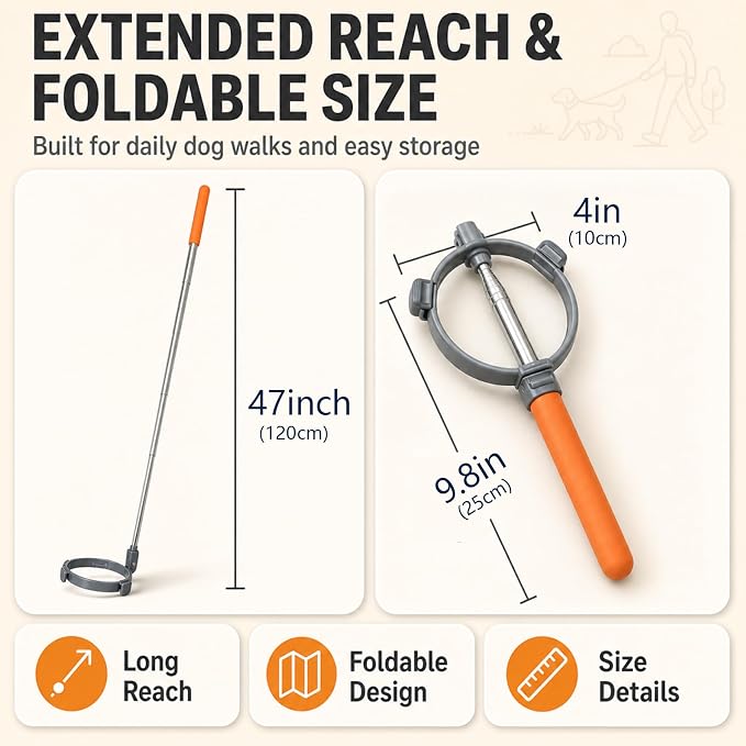Dog Pooper Scooper with Bags, Long Handle No-Touch Dog Waste Picker Tool | With 30 Rolls Poop Bags, 47 Inch Extendable Handle, No Bending Cleanup, Portable Pooper Scooper for Yard, Walks and Travel