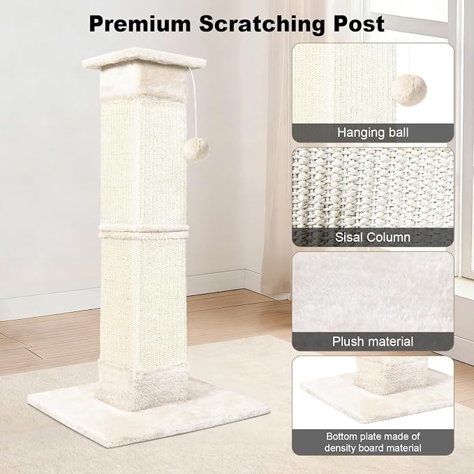 Cat Scratching Post 33 inch for Indoor Cats, Sisal Cat Scratcher, Vertical Posts with Dangling Ball, High Cat Scratch Post, Cat Tree for Full-Body Stretching, Protect Your Furniture, Beige White