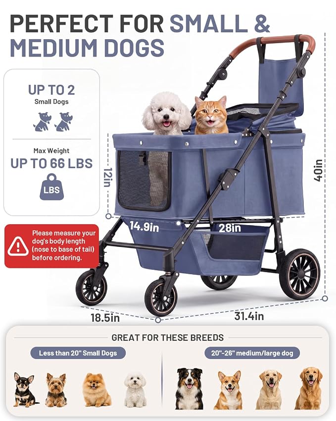 Dog Stroller for Large & Medium Dogs, Pet Stroller for 2 Small Dogs, Extra Large Heavy Duty, Foldable Design, Adjustable Handle, with Pocket, Up to 66lbs(Navy Blue)