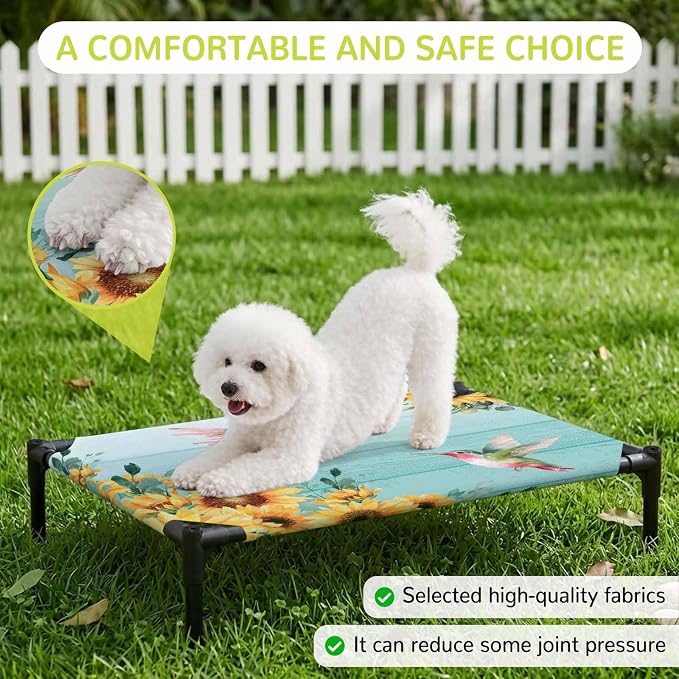 Outdoor Elevated Dog Bed for Medium Dogs, Sunflowers Breathable Cooling Raised Dog Cot for Indoor/Outdoor, Spring Botanical Flowers Birds Turquoise Wooden Waterproof Elevated Pet Beds, M 24 x 20 in