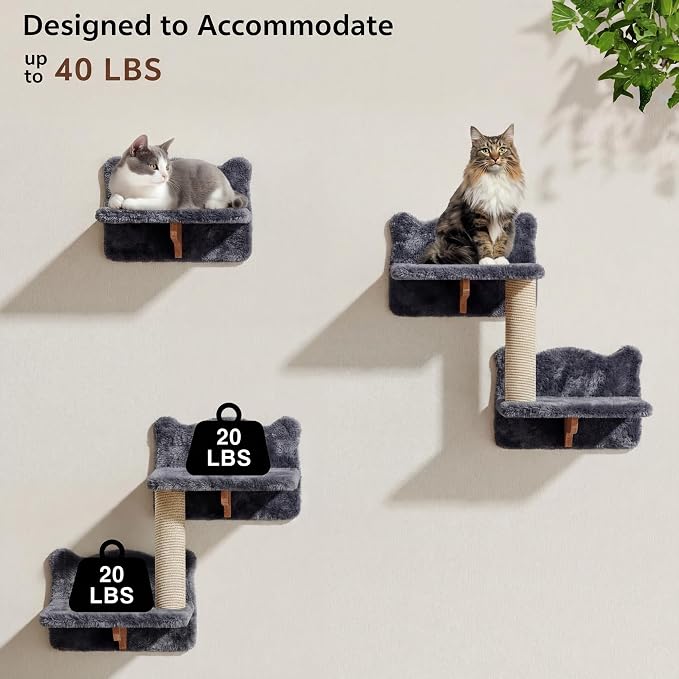 16-in-1 Cat Wall Shelves, Cat Furniture w/Tunnel & Bridge, Grey | Wall Mounted Cats Shelf Set with Plush Fabric, Cat Climbing Wall Systems for 16 Inch Drywall, with Scratching Posts, Condos