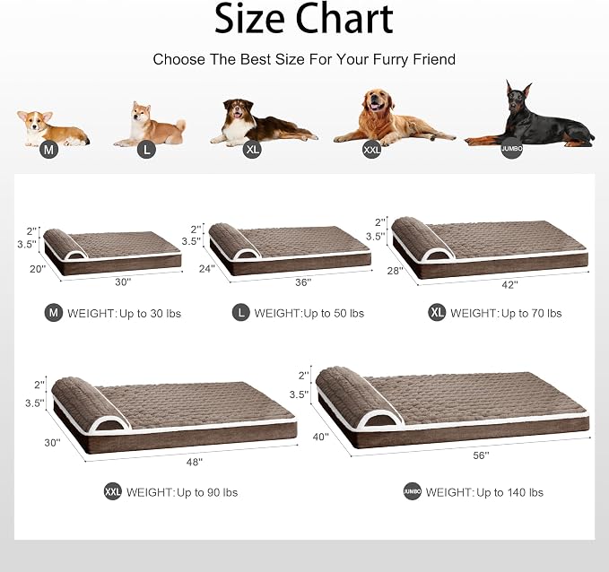 Orthopedic Large Dog Bed Pillow Pet Sofa Bed 56''X40'' Taupe | Egg-Crate Foam Pet Couch Large Sized Dog, Waterproof Removable Washable Cover,Furry Puppy Crate Mat With Nonskid Bottom