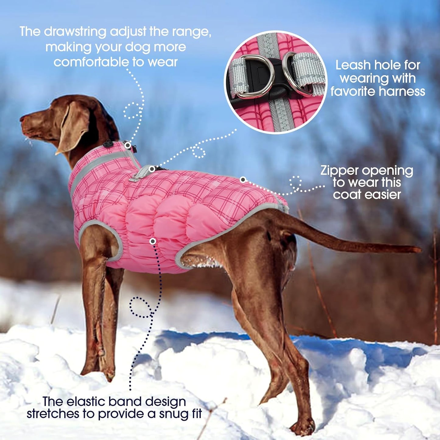FUAMEY Dog Coat for Large Dogs,Waterproof Dog Winter Jacket with Harness Built in Puppy Cold Weather Coats Reflective Pet Vest with Zipper Warm Fleece Dogs Snowsuit Windproof Rose Plaid XL