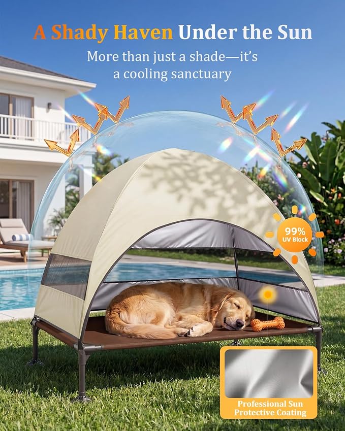 Elevated Outdoor Dog Bed with Canopy, Raised Dog Cot with Stable Adjustable Feet, Dog Camping Bed with Larger Shade, Lifted Dog Tent Bed with Canopy for Outside (Beige, Large)